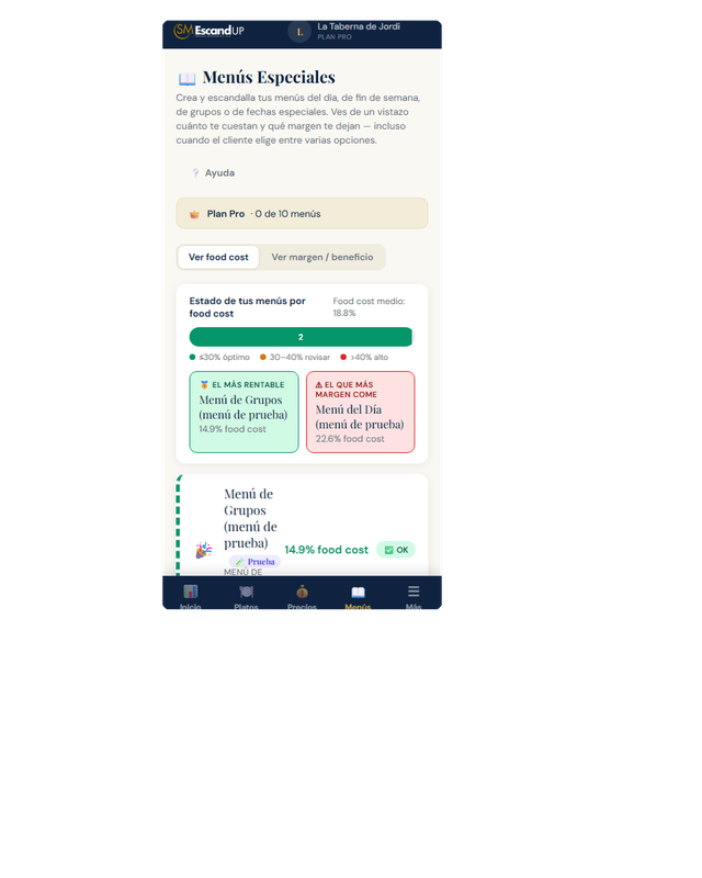 Comparativa de menús especiales en la app EscandUP mostrando cuál es el más rentable