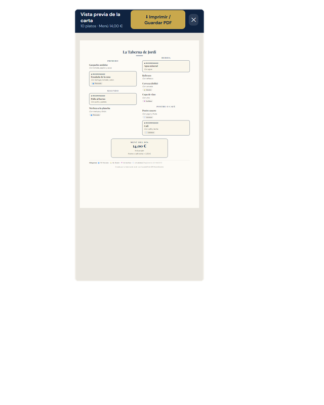Menú especial impreso desde la app EscandUP, listo para la sala