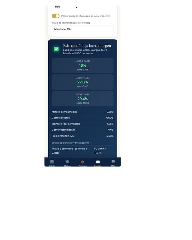 Captura de la app EscandUP calculando el peor caso de un menú especial desde el móvil